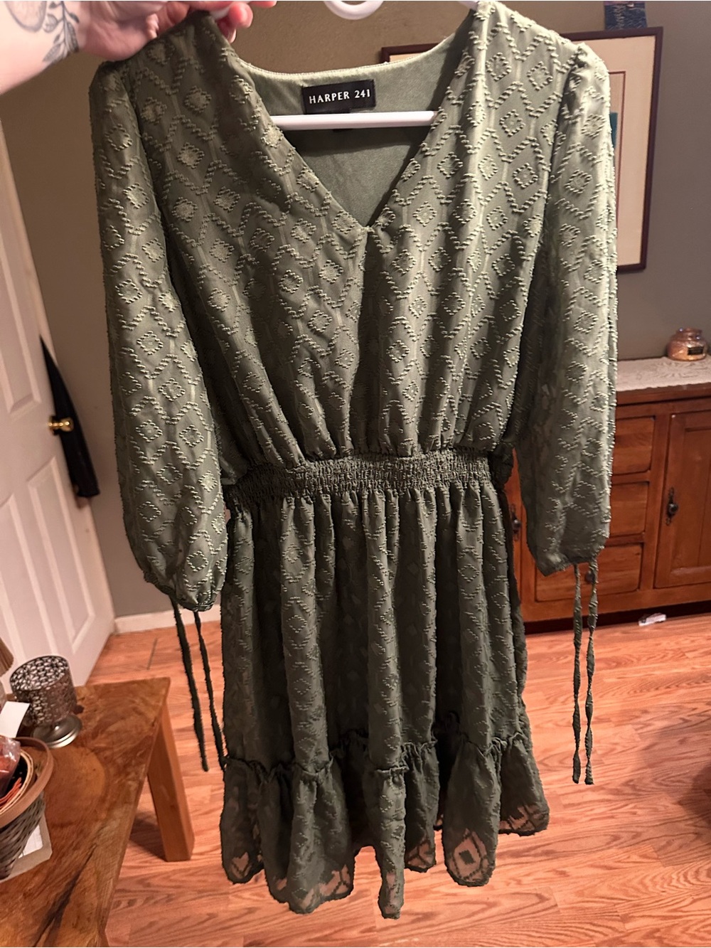 Harper Olive Textured V-Neck Mini Dress
